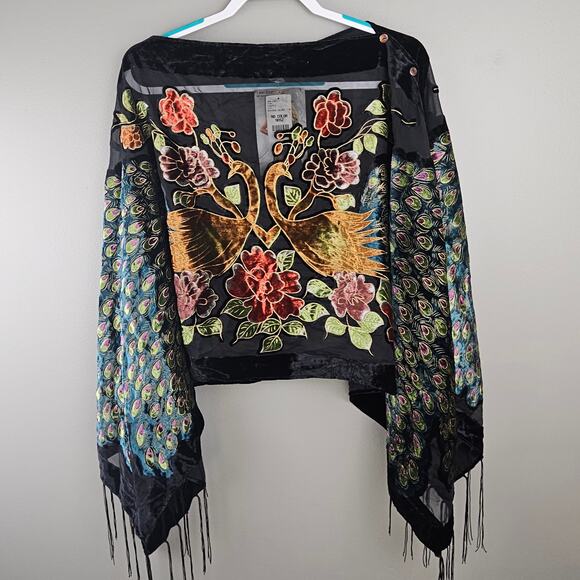 Boho Burnout Velvet Peacock Embroidered Kimono Shawl Wrap Fringe One Size - Picture 1 of 9